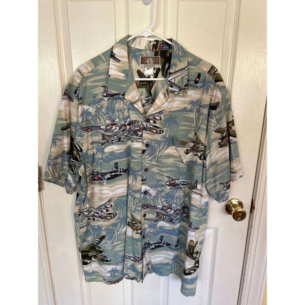 Kalaheo Hawaiian Shirt Blue WWII War Planes B-17 Flying Fortress Size‎ XXL